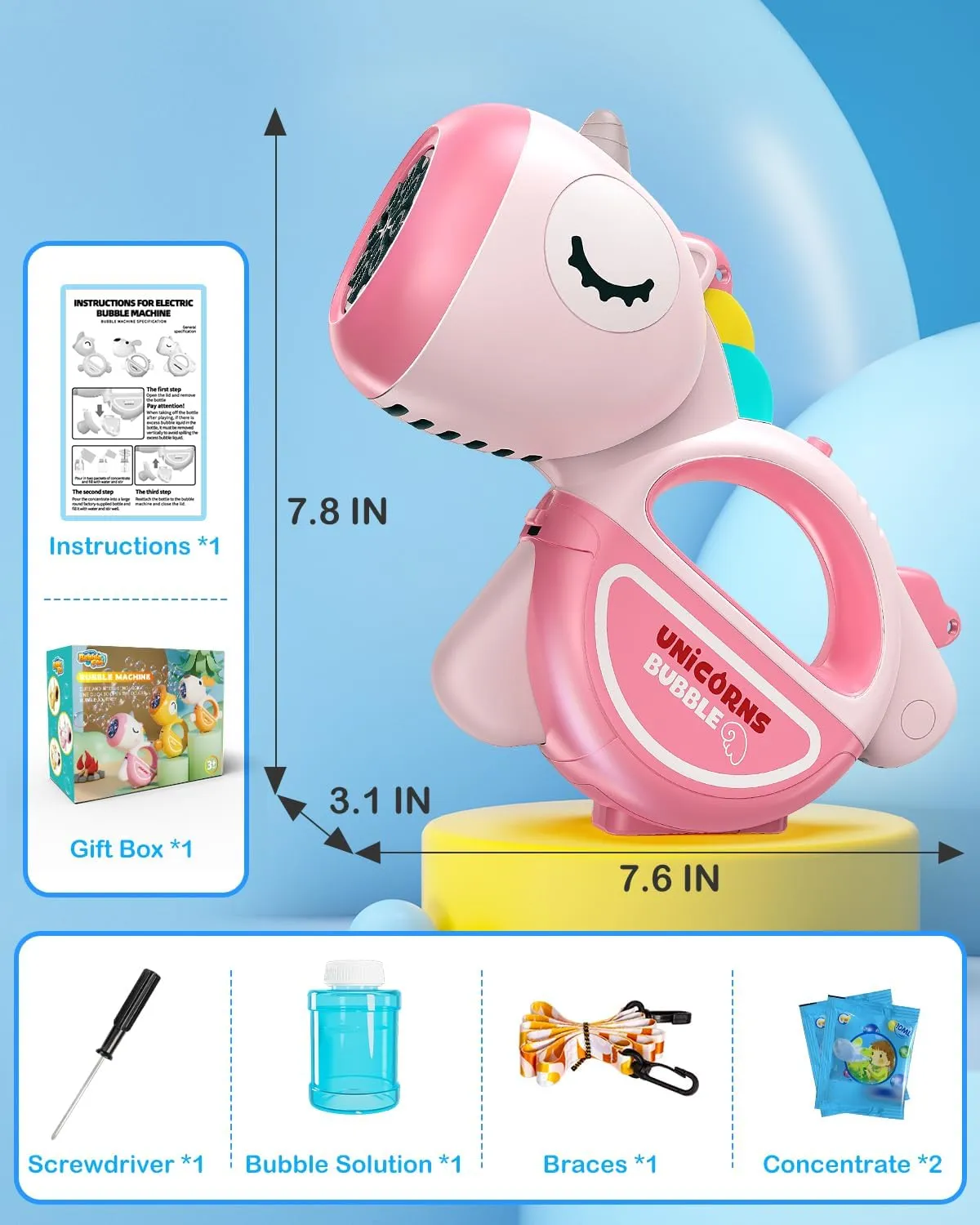 Bubble Machine Gun with Lights Music, Portable 360°Leak Proof Automatic Bubble Maker Machine for Kids Toddler 1-3 4-8 Parties, Bubble Blower Birthday Gift