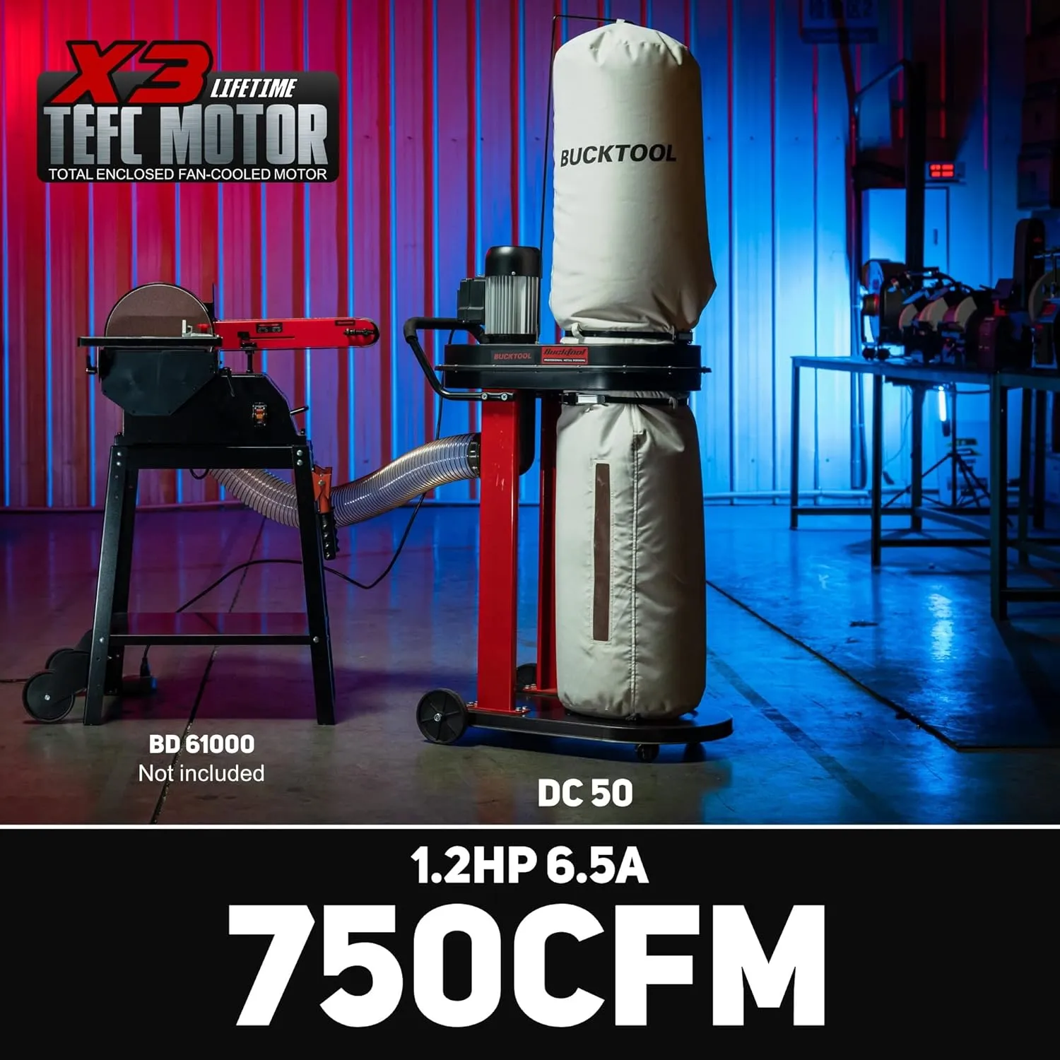 BUCKTOOL 1.2 HP Auto Start 750CFM Dust Collector with 3 Dust Collection Bag, 5.4 Cubic Bag Capacity and 5 PCS Reducer for Woodworking DC50