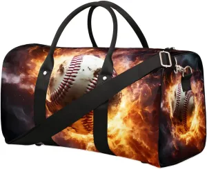 Burning Baseball Travel Duffel Bag for Women Men Waterproof Foldable Overnight Weekender Bag Large Capacity Sports Gym Bag