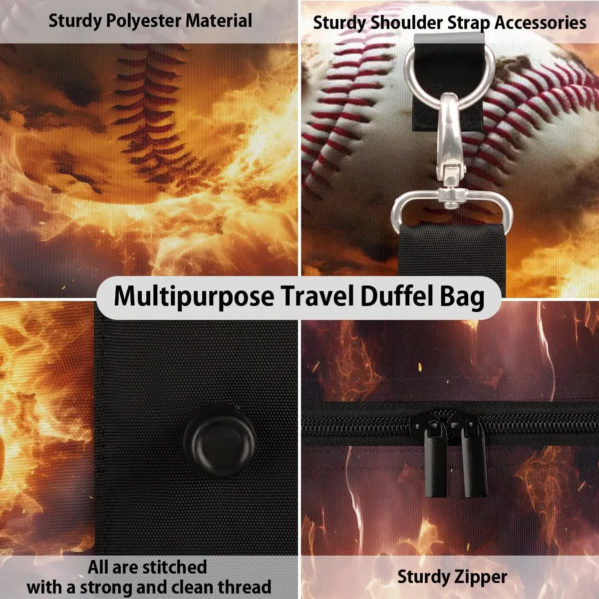 Burning Baseball Travel Duffel Bag for Women Men Waterproof Foldable Overnight Weekender Bag Large Capacity Sports Gym Bag