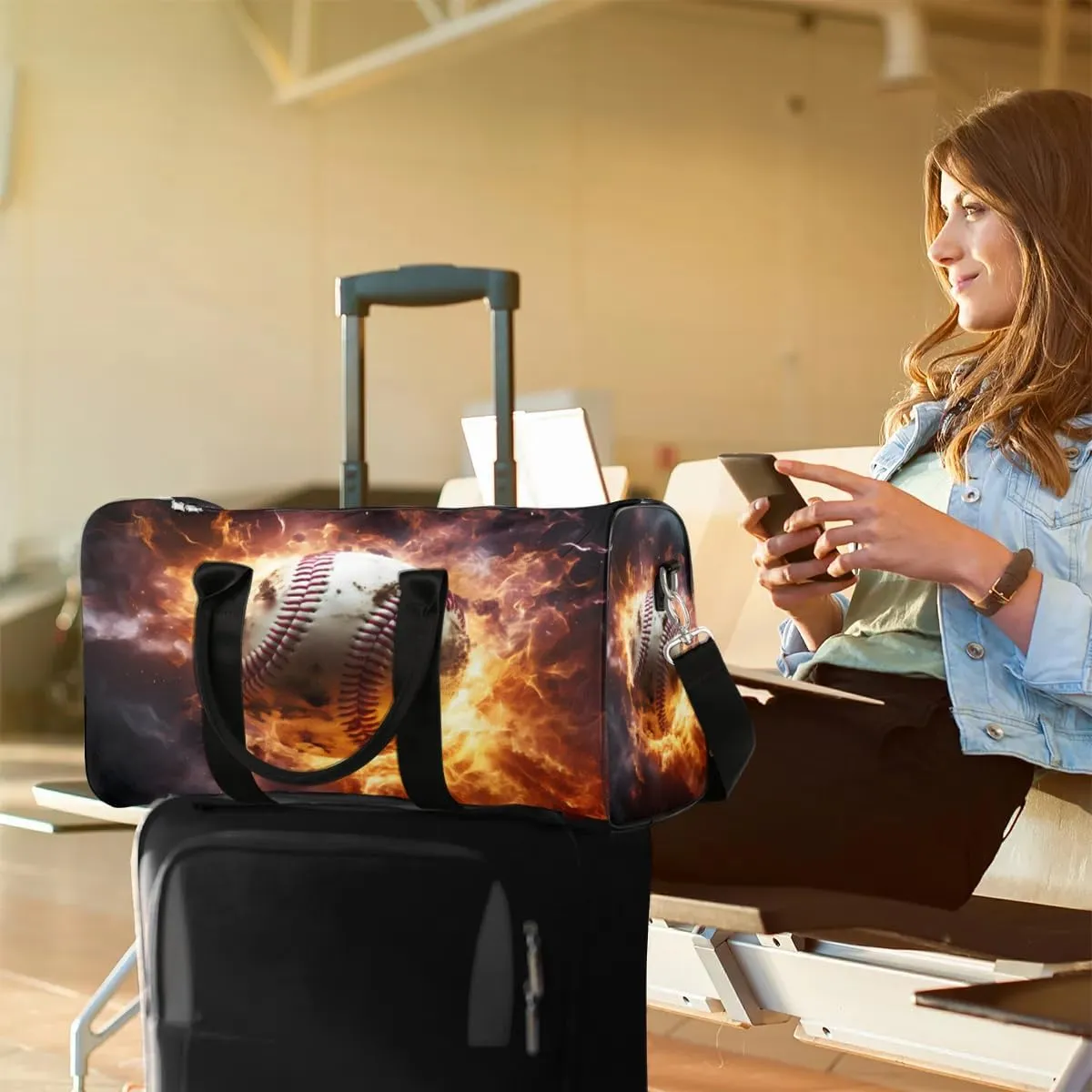 Burning Baseball Travel Duffel Bag for Women Men Waterproof Foldable Overnight Weekender Bag Large Capacity Sports Gym Bag