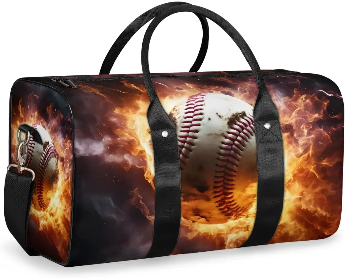 Burning Baseball Travel Duffel Bag for Women Men Waterproof Foldable Overnight Weekender Bag Large Capacity Sports Gym Bag