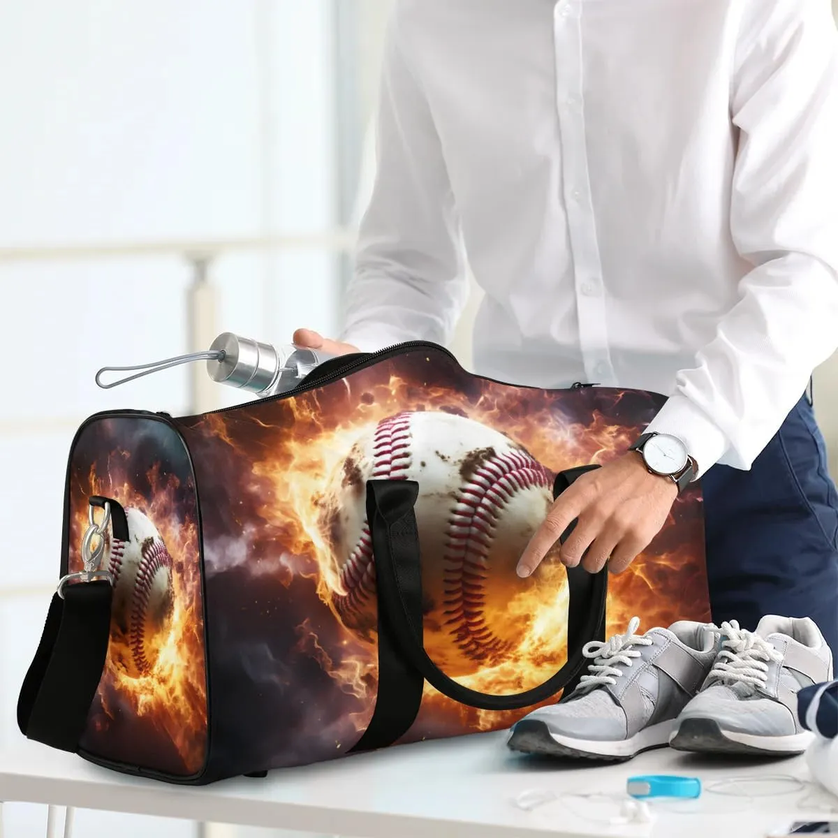 Burning Baseball Travel Duffel Bag for Women Men Waterproof Foldable Overnight Weekender Bag Large Capacity Sports Gym Bag