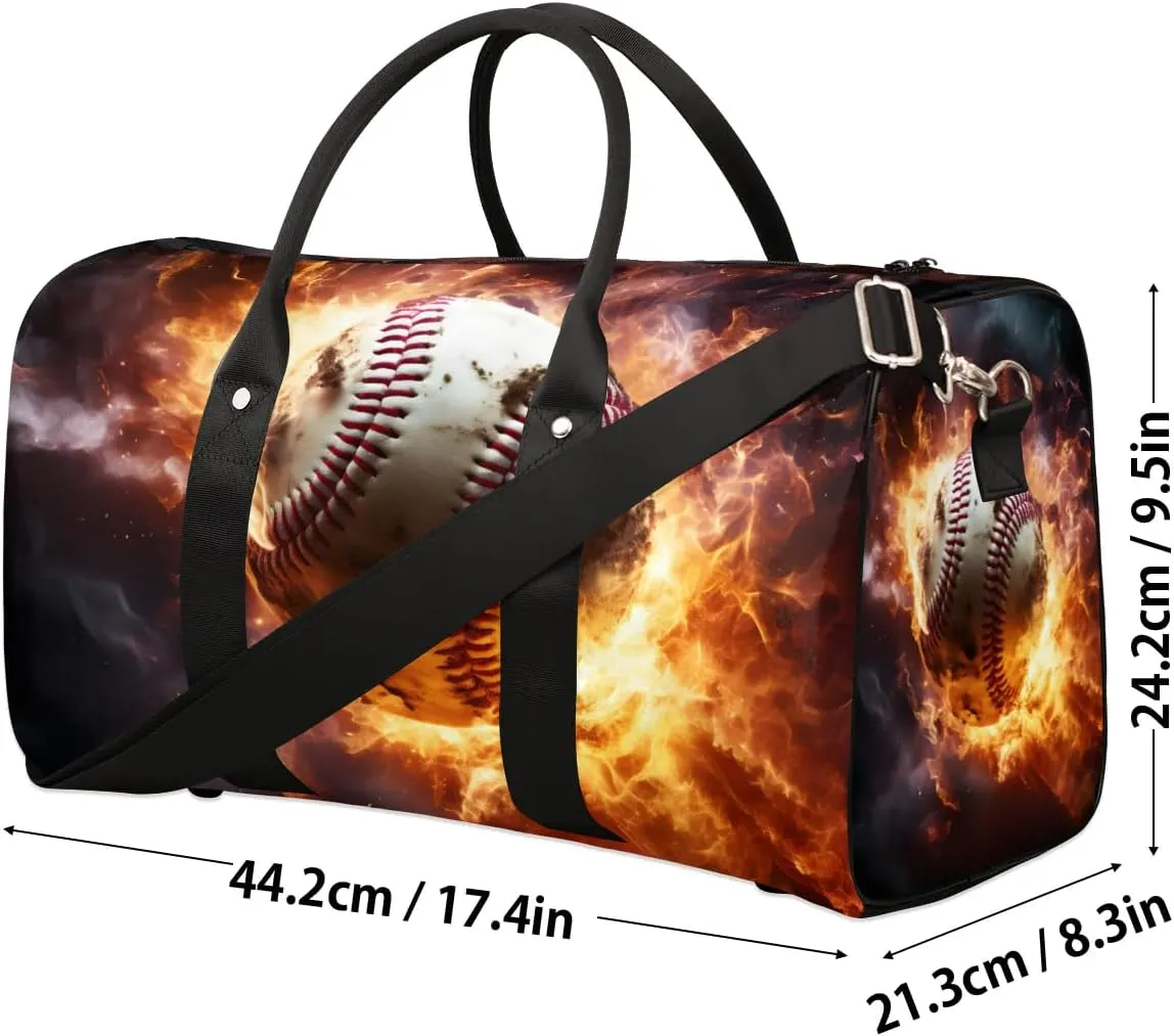 Burning Baseball Travel Duffel Bag for Women Men Waterproof Foldable Overnight Weekender Bag Large Capacity Sports Gym Bag