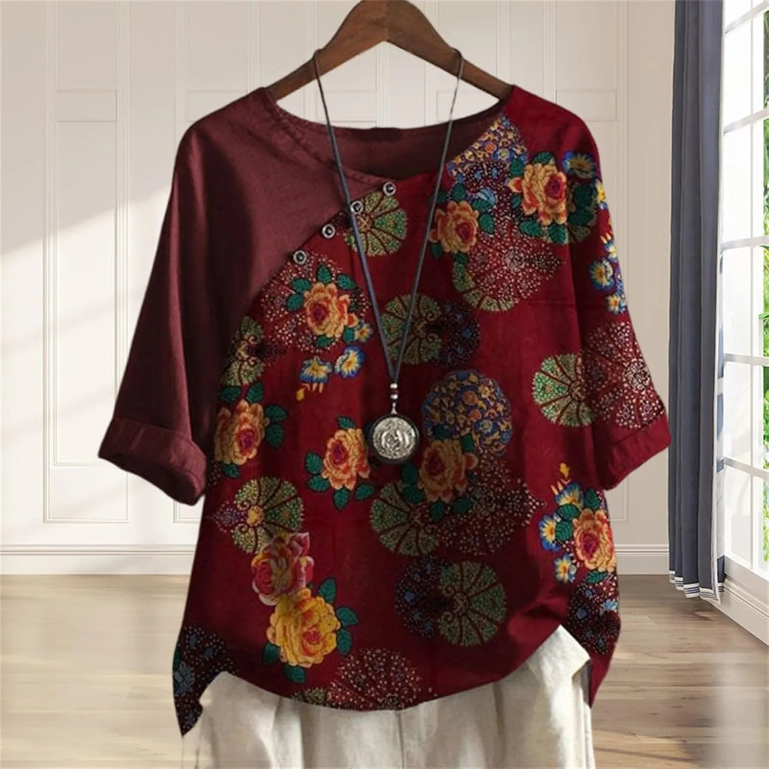Button Down Shirts for Women Raglan Sleeve Hem Slit Loose Short Sleeve Button Decoration Womens Button Down Blouse