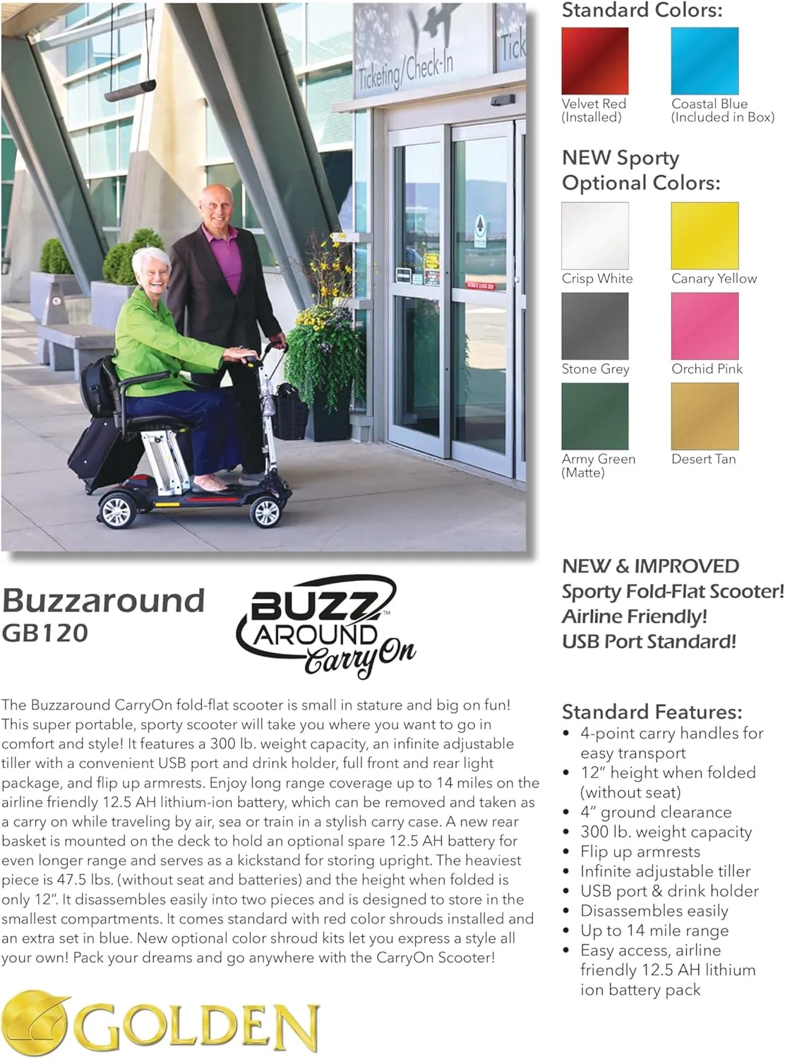 Buzzaround CarryOn Manual Folding Travel Mobility Scooter - Folds to 12" - Airline Approved 12.5 ah Lithium Battery - 47.5 lbs. Without The Seat and Battery (White)