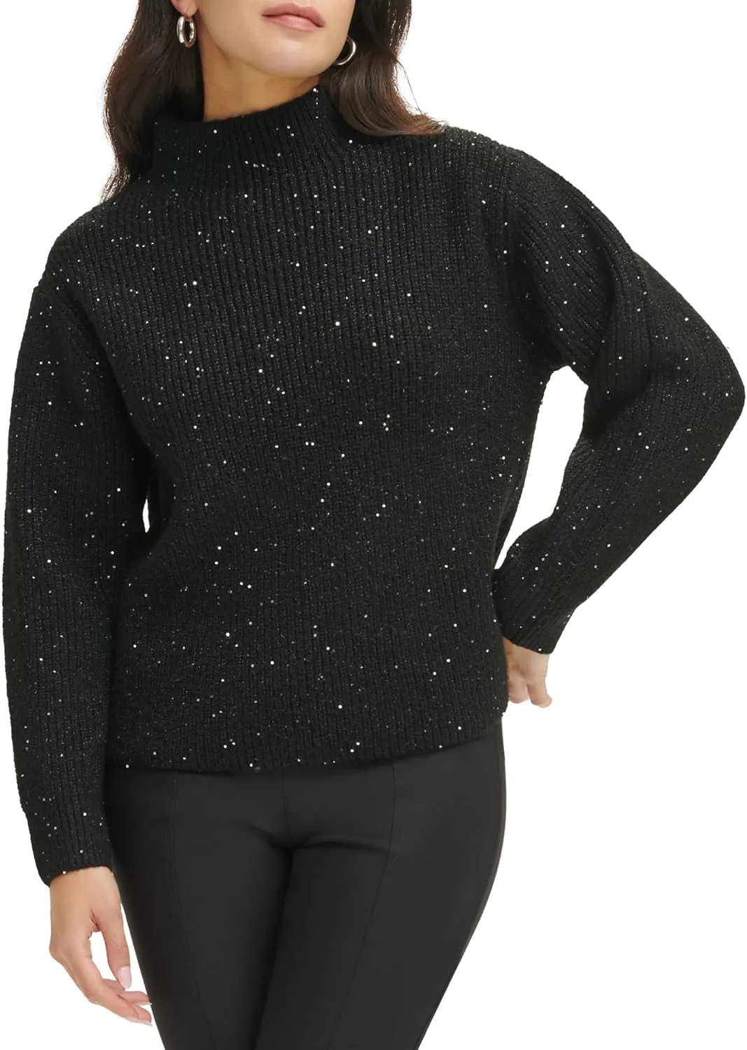 Calvin Klein Women's Sequin Mock Neck Long Sleeve Sweater