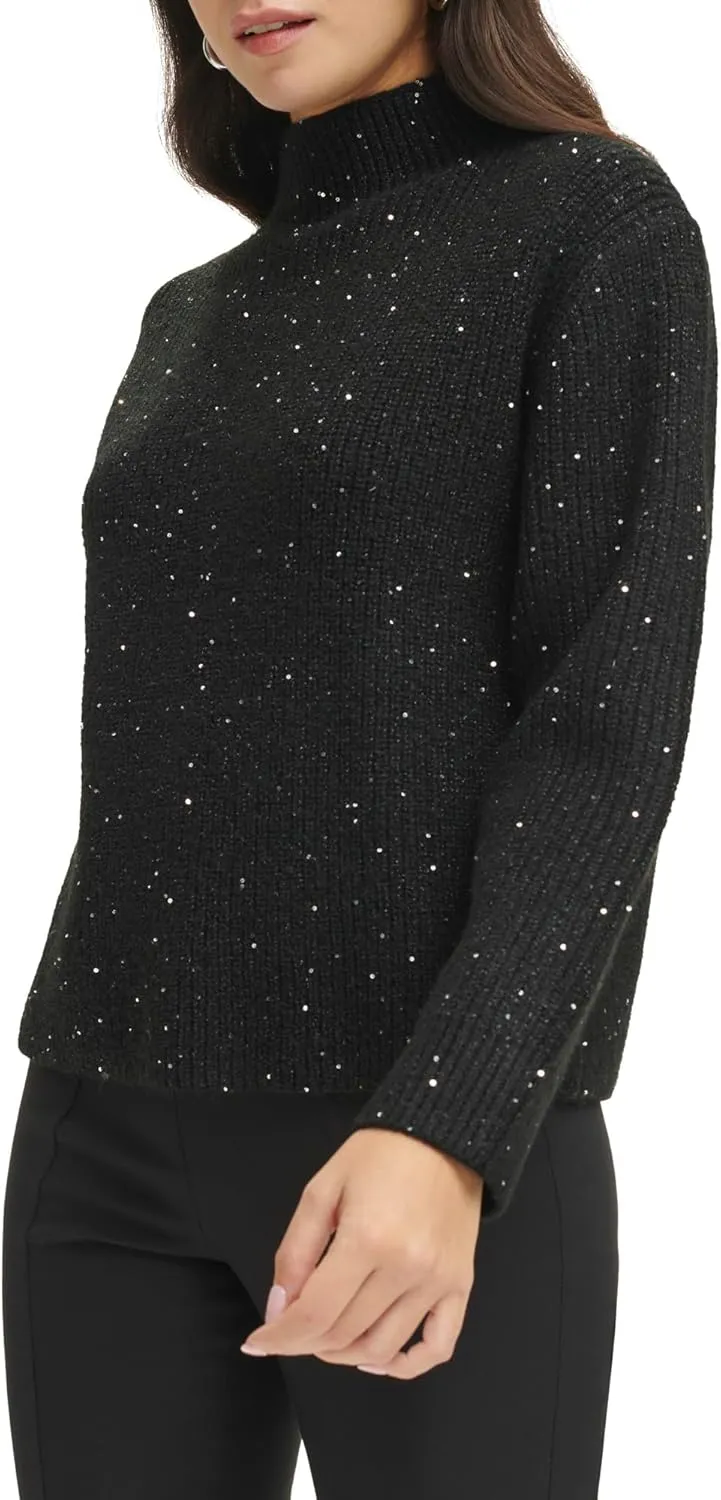 Calvin Klein Women's Sequin Mock Neck Long Sleeve Sweater