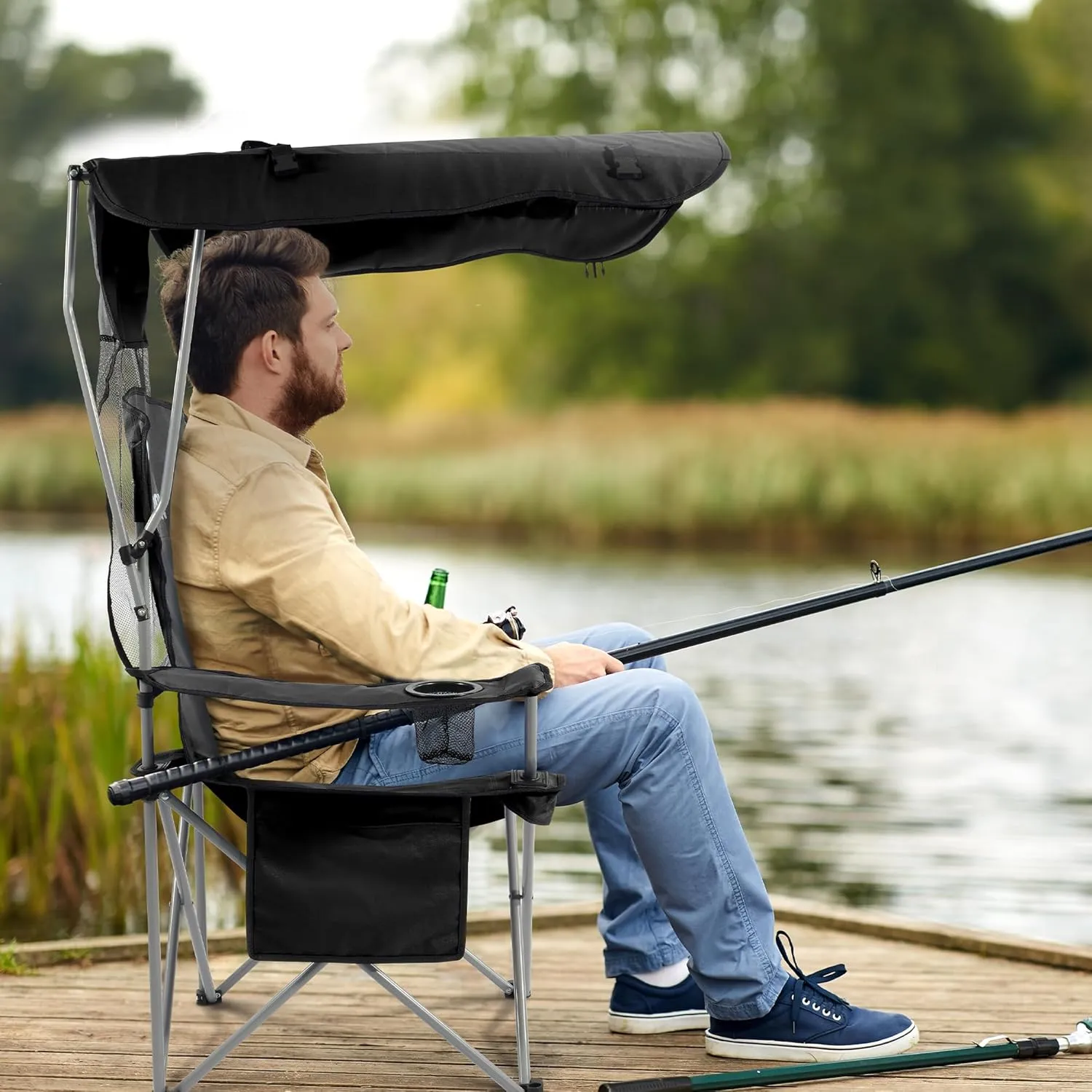 Camping Chair, Oversized Folding Chair with Canopy, Portable Outdoor Chair with Arms, Cup Holder and Carry Bag for Camping, Fishing, Beach, and Sports, Black