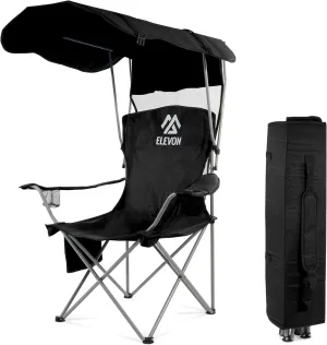 Camping Chair, Oversized Folding Chair with Canopy, Portable Outdoor Chair with Arms, Cup Holder and Carry Bag for Camping, Fishing, Beach, and Sports, Black