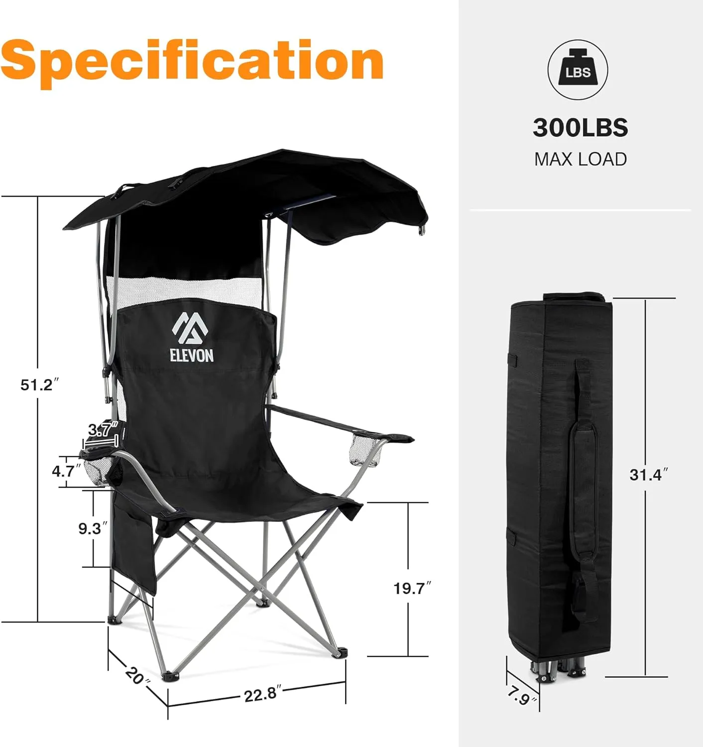 Camping Chair, Oversized Folding Chair with Canopy, Portable Outdoor Chair with Arms, Cup Holder and Carry Bag for Camping, Fishing, Beach, and Sports, Black