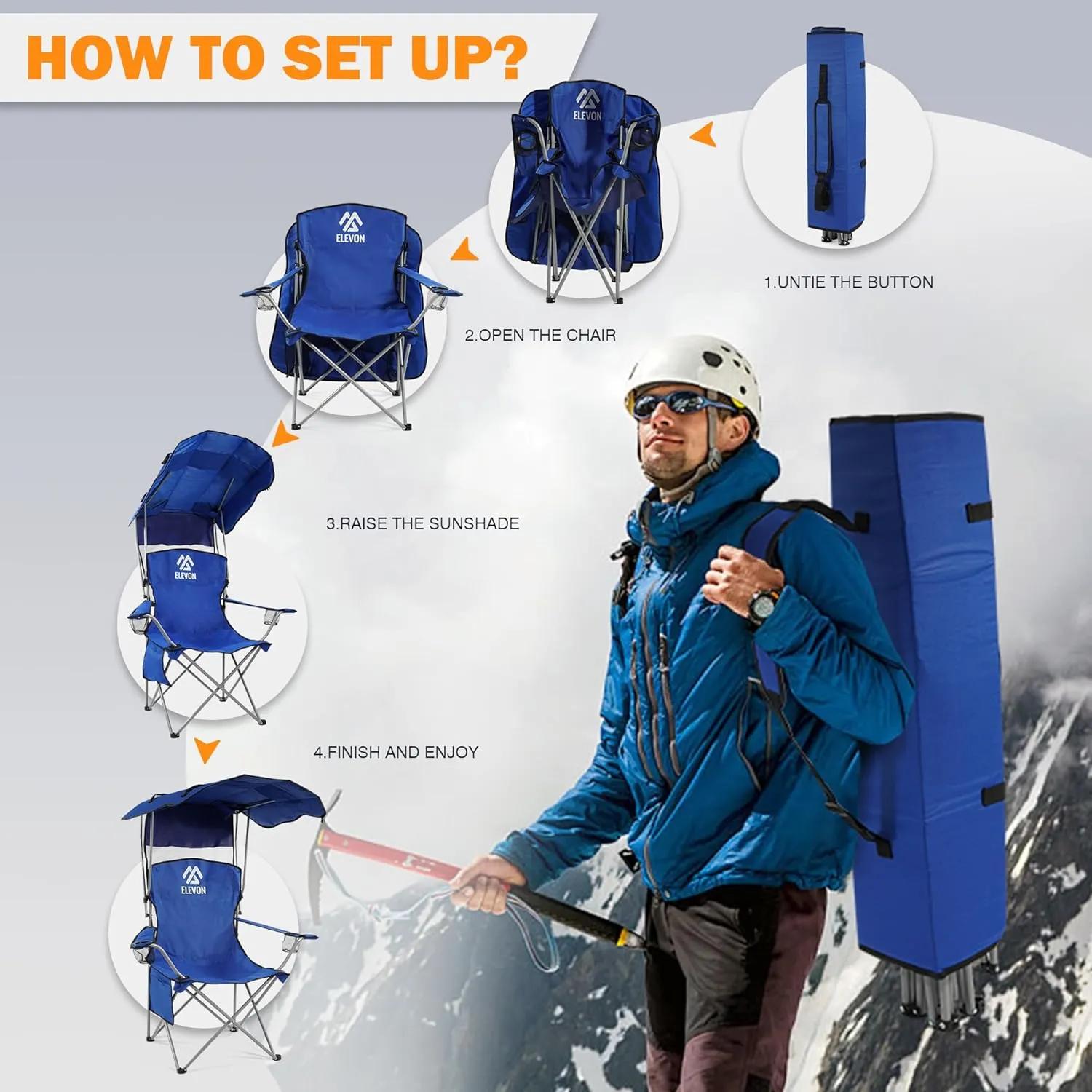 Camping Chair, Oversized Folding Chair with Canopy, Portable Outdoor Chair with Arms, Cup Holder and Carry Bag for Camping, Fishing, Beach, and Sports, Blue