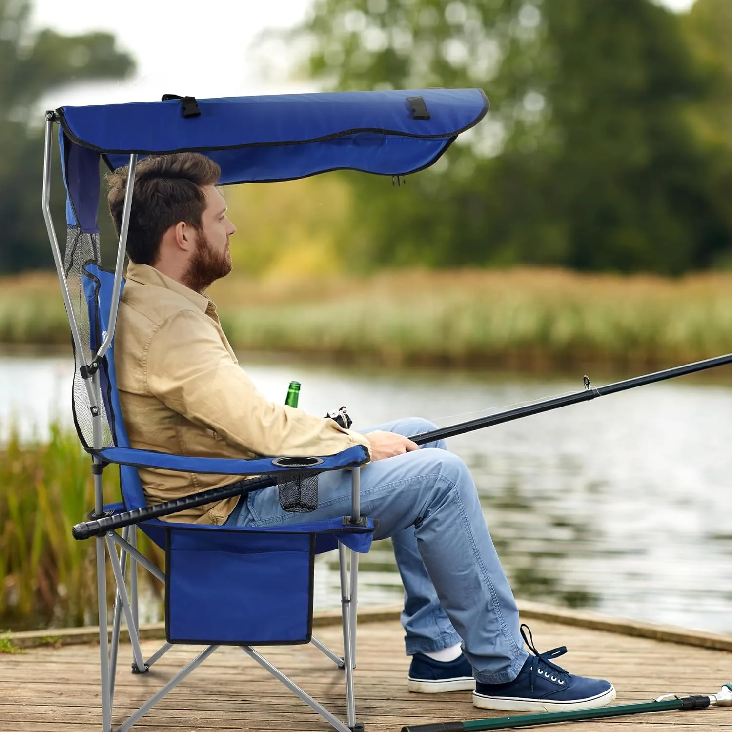 Camping Chair, Oversized Folding Chair with Canopy, Portable Outdoor Chair with Arms, Cup Holder and Carry Bag for Camping, Fishing, Beach, and Sports, Blue