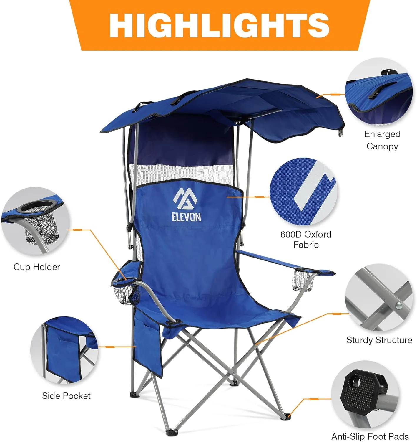 Camping Chair, Oversized Folding Chair with Canopy, Portable Outdoor Chair with Arms, Cup Holder and Carry Bag for Camping, Fishing, Beach, and Sports, Blue