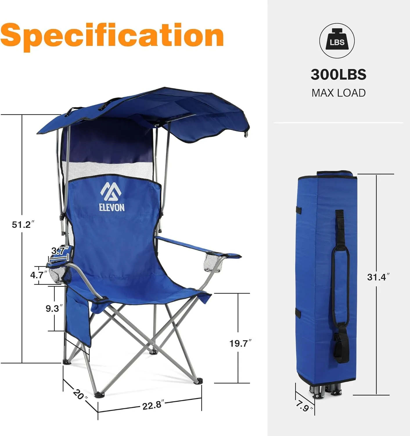 Camping Chair, Oversized Folding Chair with Canopy, Portable Outdoor Chair with Arms, Cup Holder and Carry Bag for Camping, Fishing, Beach, and Sports, Blue