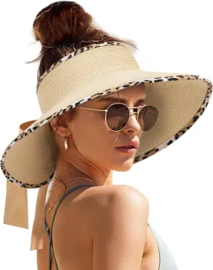 Camptrace Sun Visors for Women Wide Brim Beach Hat Foldable Straw Visor Hat Ponytail Summer Packable UPF 80 