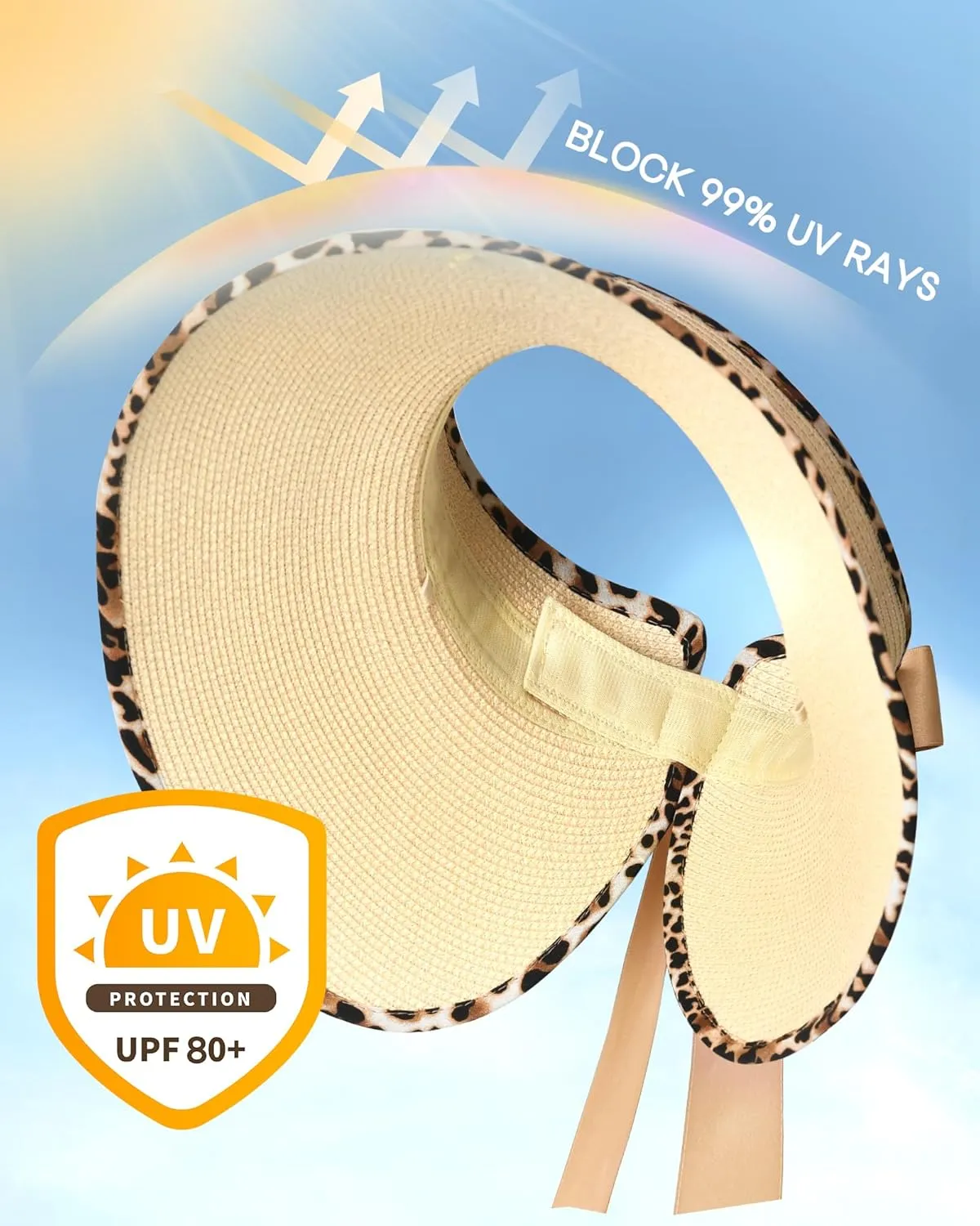Camptrace Sun Visors for Women Wide Brim Beach Hat Foldable Straw Visor Hat Ponytail Summer Packable UPF 80 