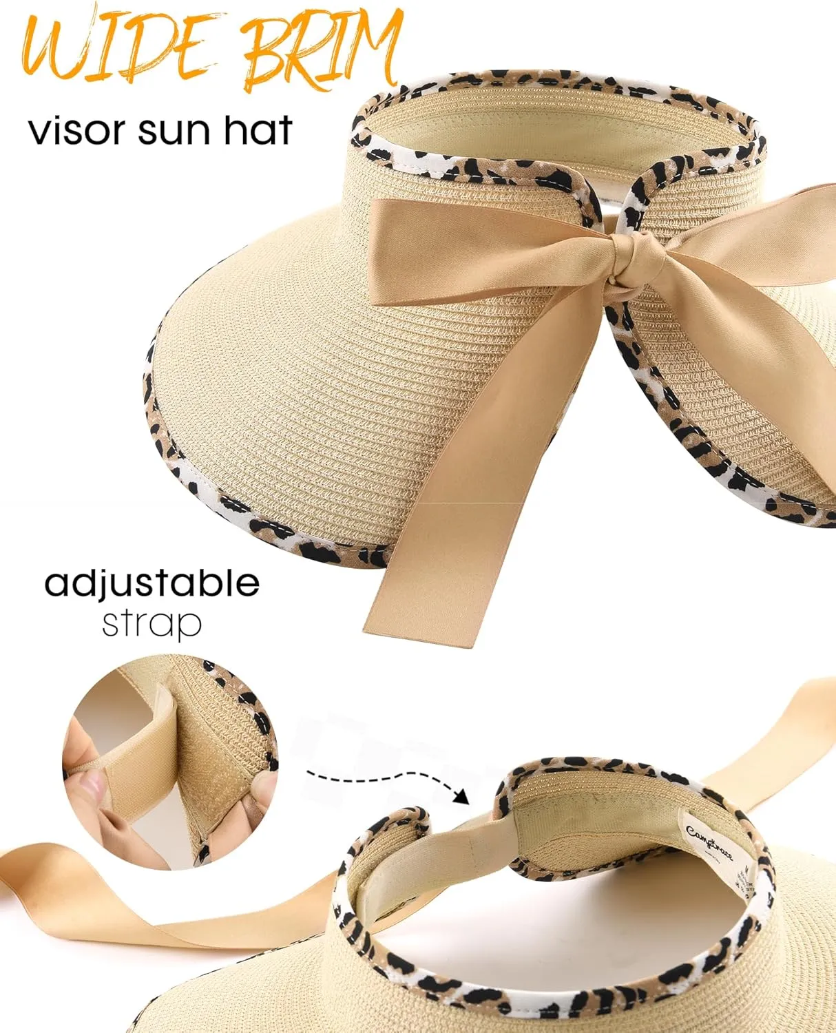 Camptrace Sun Visors for Women Wide Brim Beach Hat Foldable Straw Visor Hat Ponytail Summer Packable UPF 80 