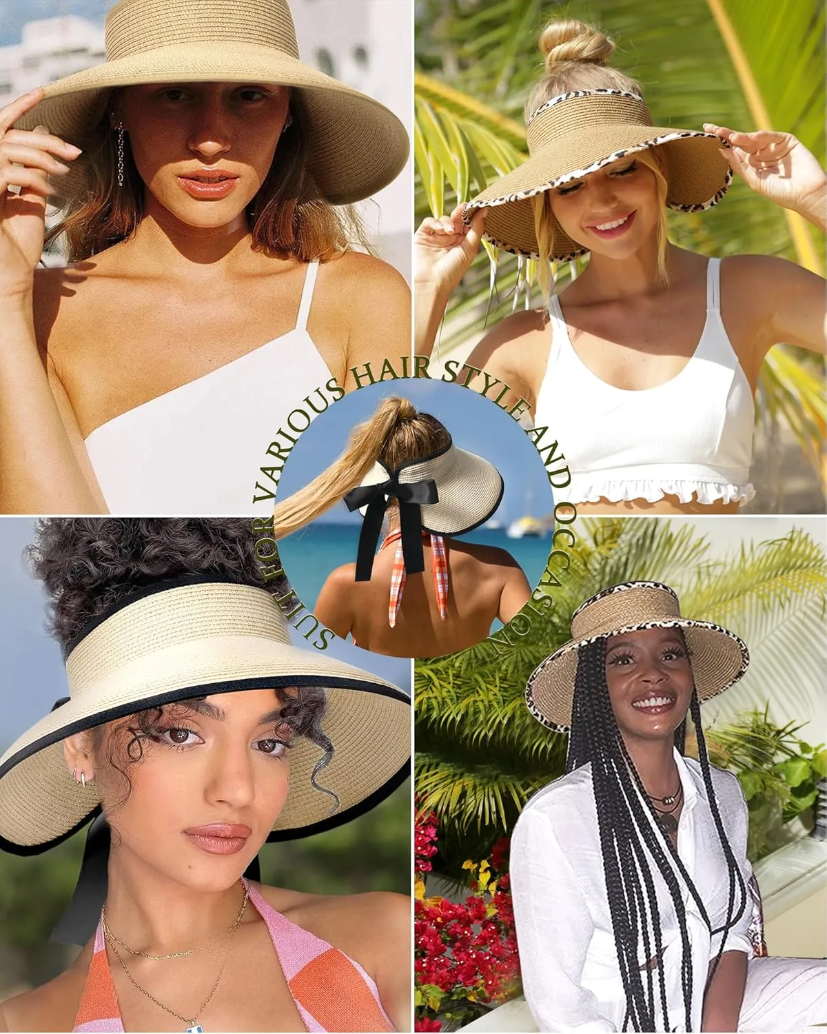 Camptrace Sun Visors for Women Wide Brim Beach Hat Foldable Straw Visor Hat Ponytail Summer Packable UPF 80 