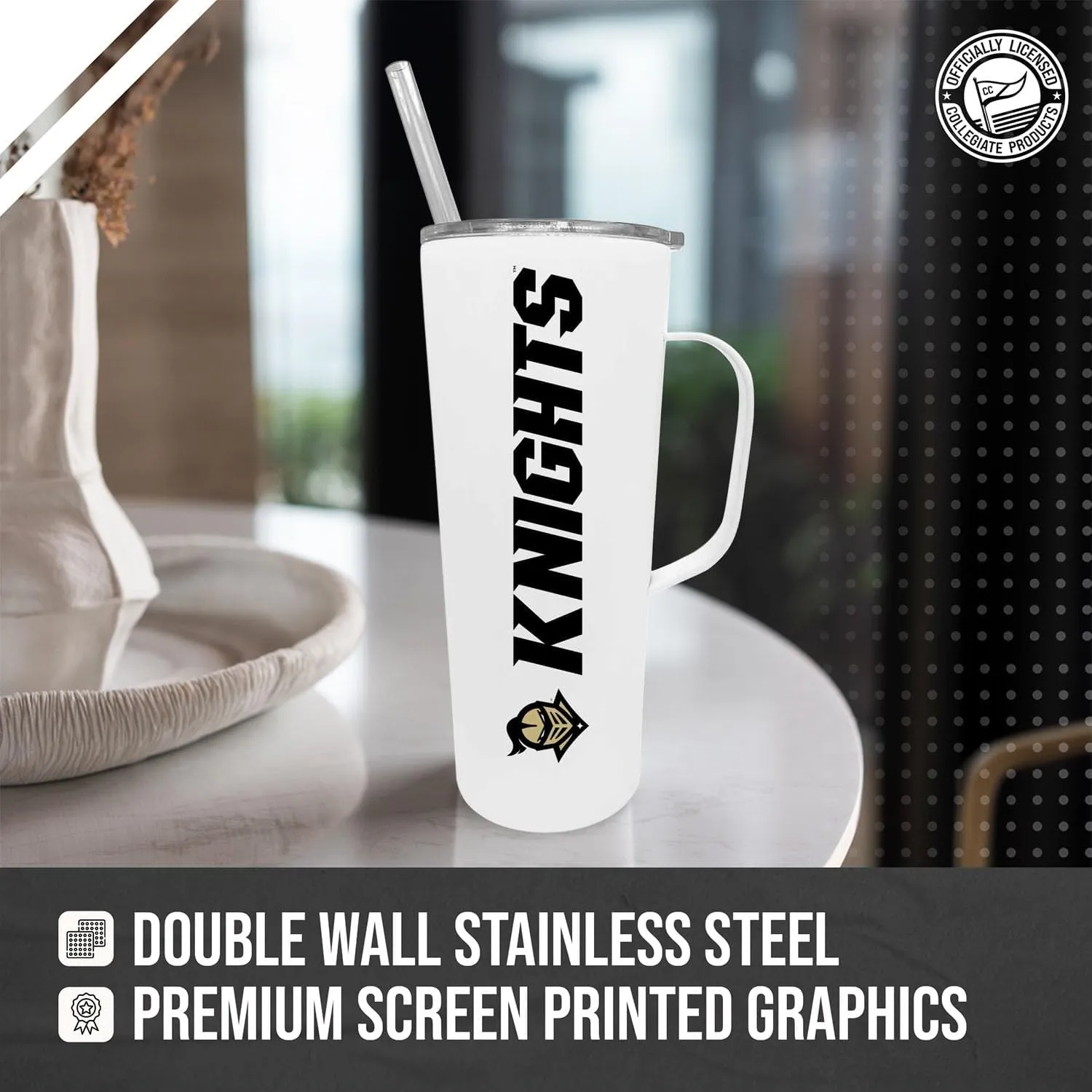 Campus Colors NCAA Stainless Steel Roadie with Handle & Dual Option Lid with Straw - Officially Licensed Tumbler (Central Florida Knights - White, 20oz)