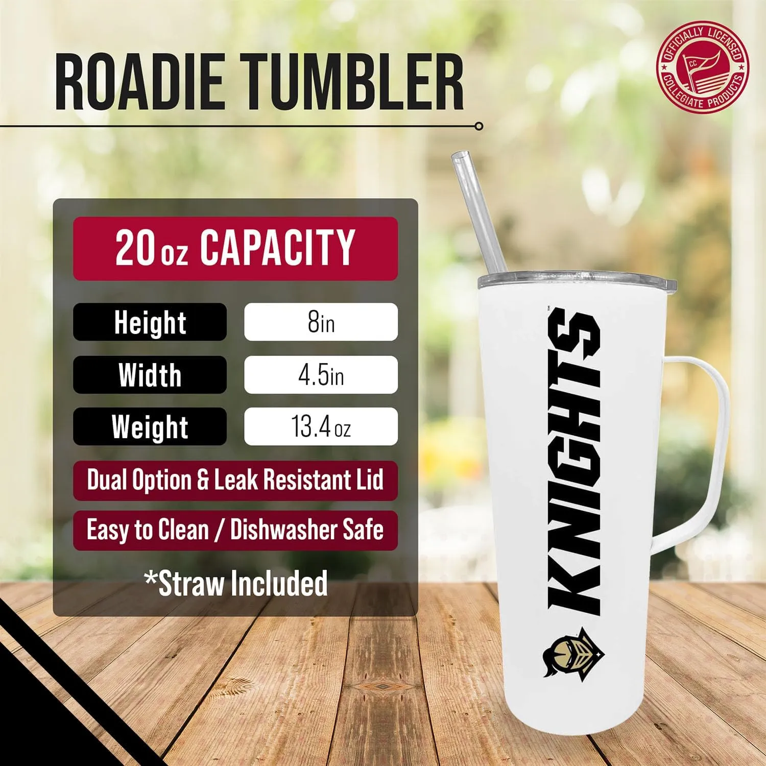 Campus Colors NCAA Stainless Steel Roadie with Handle & Dual Option Lid with Straw - Officially Licensed Tumbler (Central Florida Knights - White, 20oz)