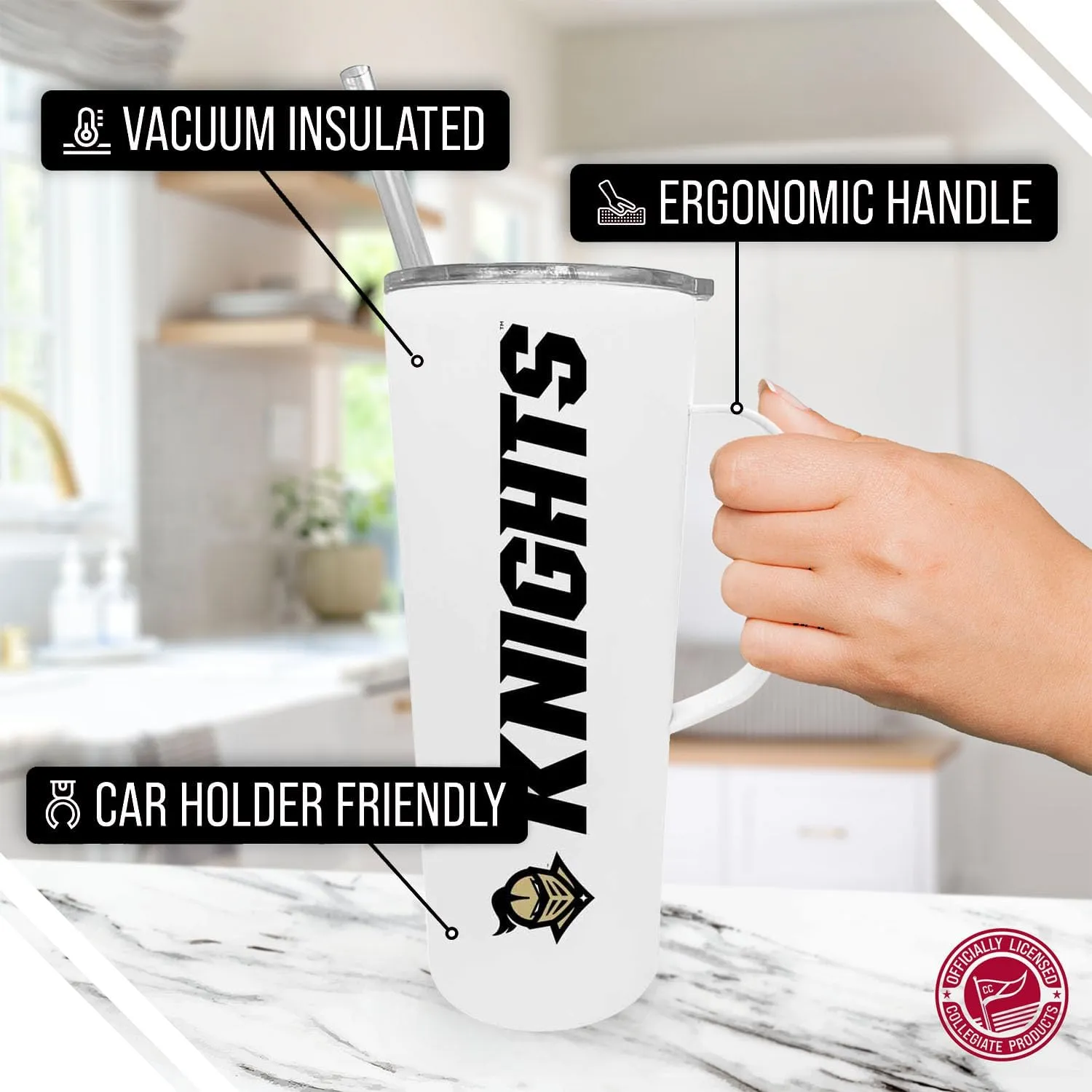 Campus Colors NCAA Stainless Steel Roadie with Handle & Dual Option Lid with Straw - Officially Licensed Tumbler (Central Florida Knights - White, 20oz)