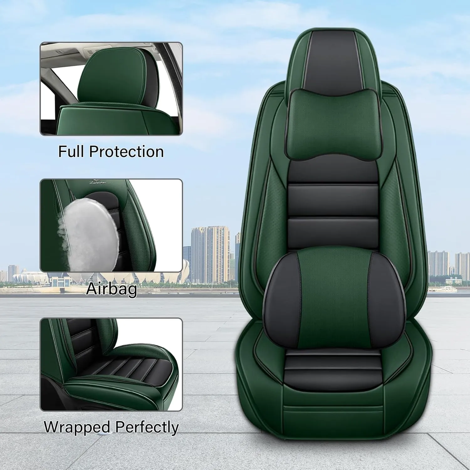 Car Seat Covers Fit for Buick Encore 2013-2022,Premium Waterproof Napa Leather Seat Cushion,Soft and Breathable Auto Vehicle Interior Covers,Luxury(Front Set) Black&Green