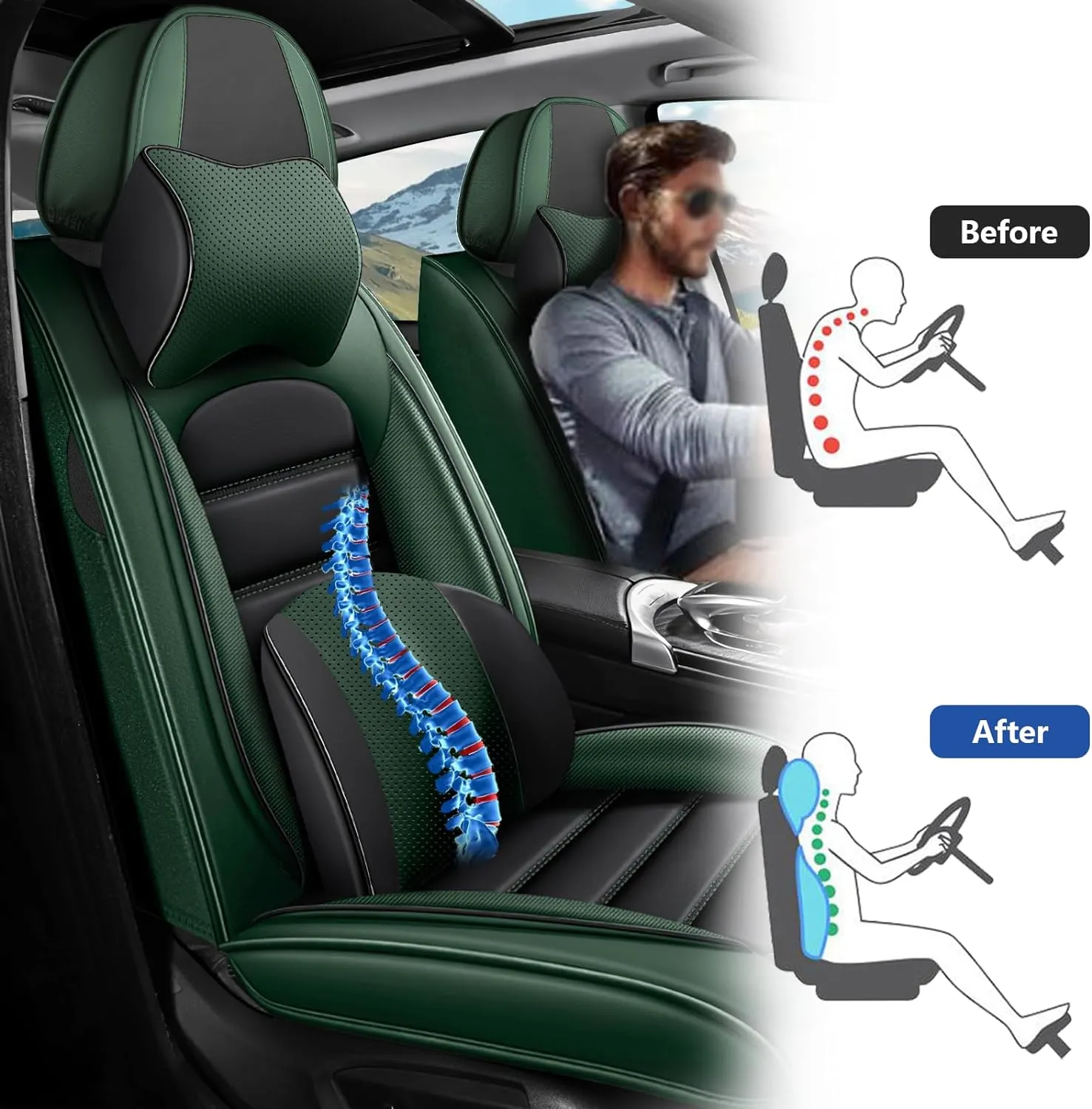 Car Seat Covers Fit for Buick Encore 2013-2022,Premium Waterproof Napa Leather Seat Cushion,Soft and Breathable Auto Vehicle Interior Covers,Luxury(Front Set) Black&Green