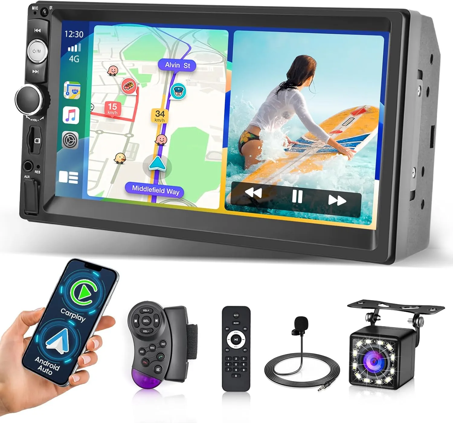 Car Stereo Double Din Wireless Carplay Android Auto, 7 Inch Touchscreen Car Radio Bluetooth 5.1 FM Car Audio Receiver with Backup Camera Mirror Link SWC