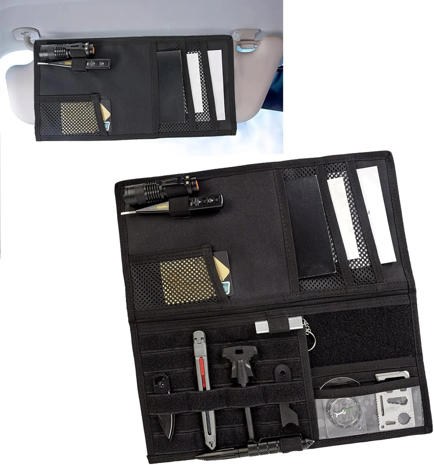 Car Sun Visor Storage Bag, Multi-pocket Large Capacity Card Ticket Document Nail Clipper Compact Tool Organizer, Velcro Mounting Portable Storage Holder, Universal for Most Cars (Black)