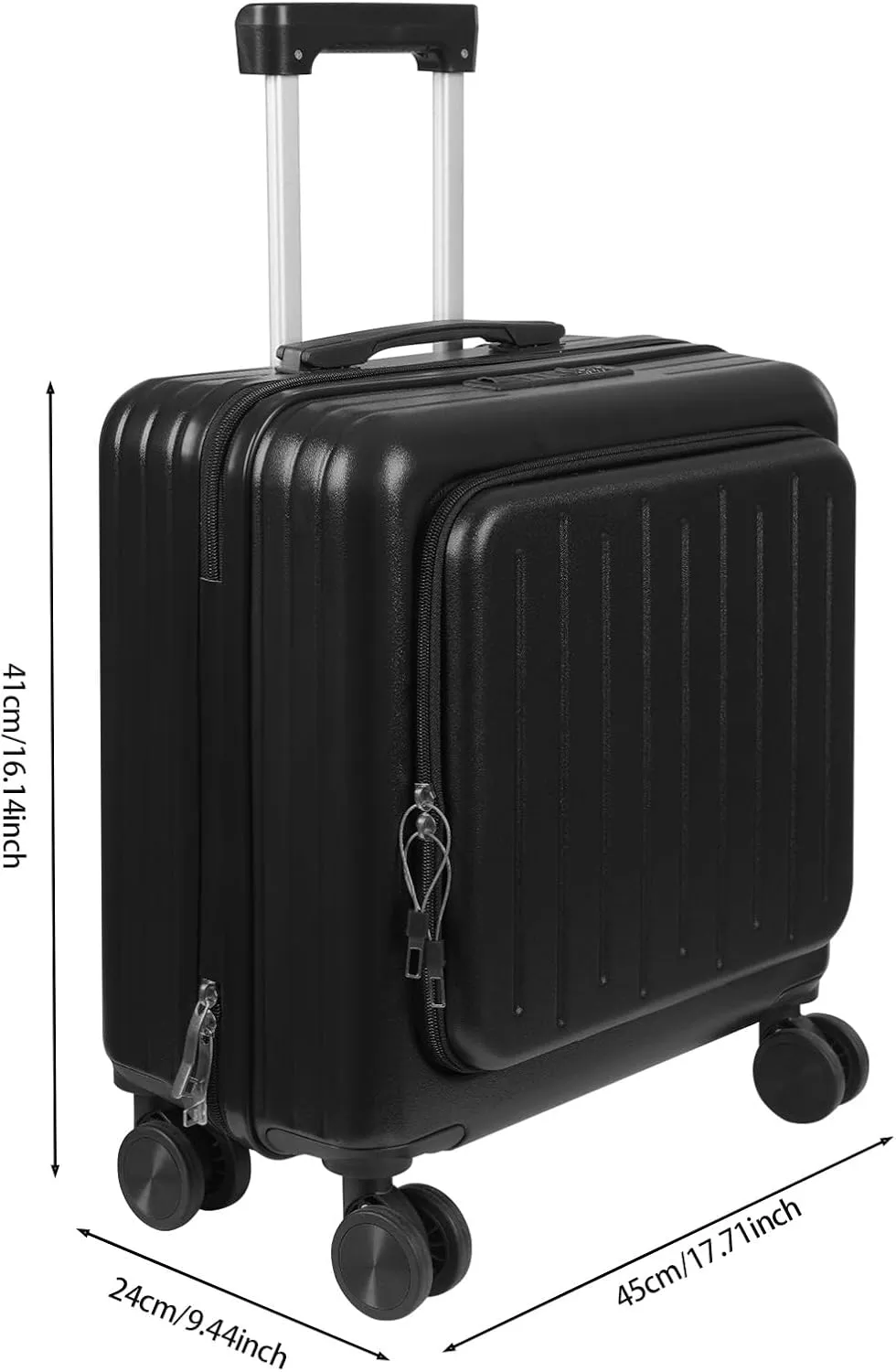 Carry On Luggage with Wheels, 18" Boarding Suitcase, Suitcase with Front Pocket, Travel Luggage Suitcase with Lock and Cup Holder, Lightweight Rolling Suitcases Under Seat for Business Trips (Black)
