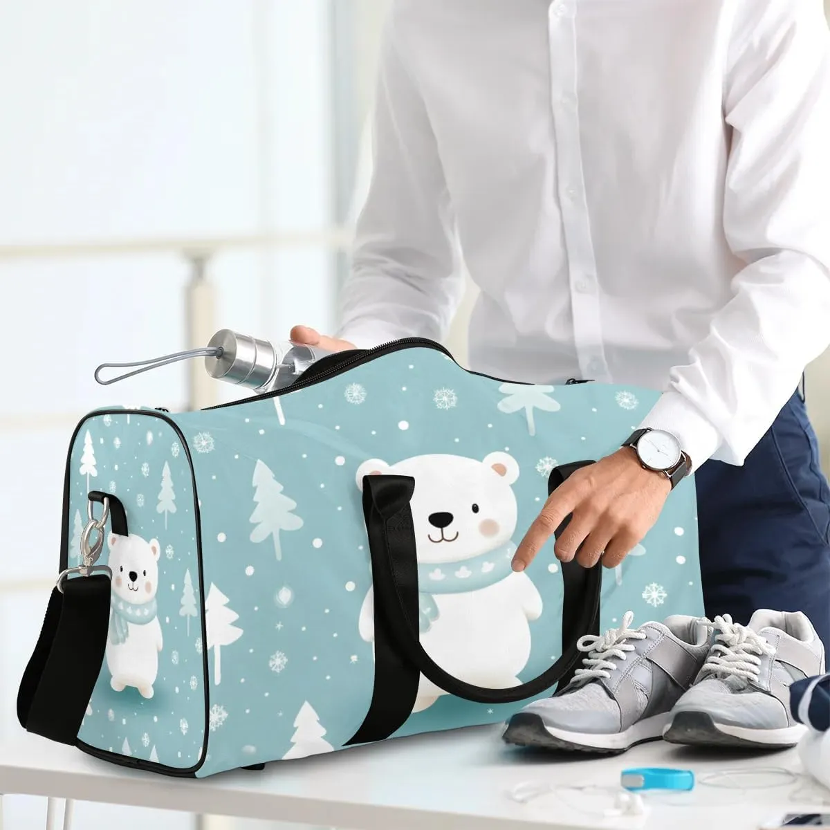 Cartoon Bear Travel Duffel Bag for Women Men Waterproof Foldable Overnight Weekender Bag Large Capacity Sports Gym Bag