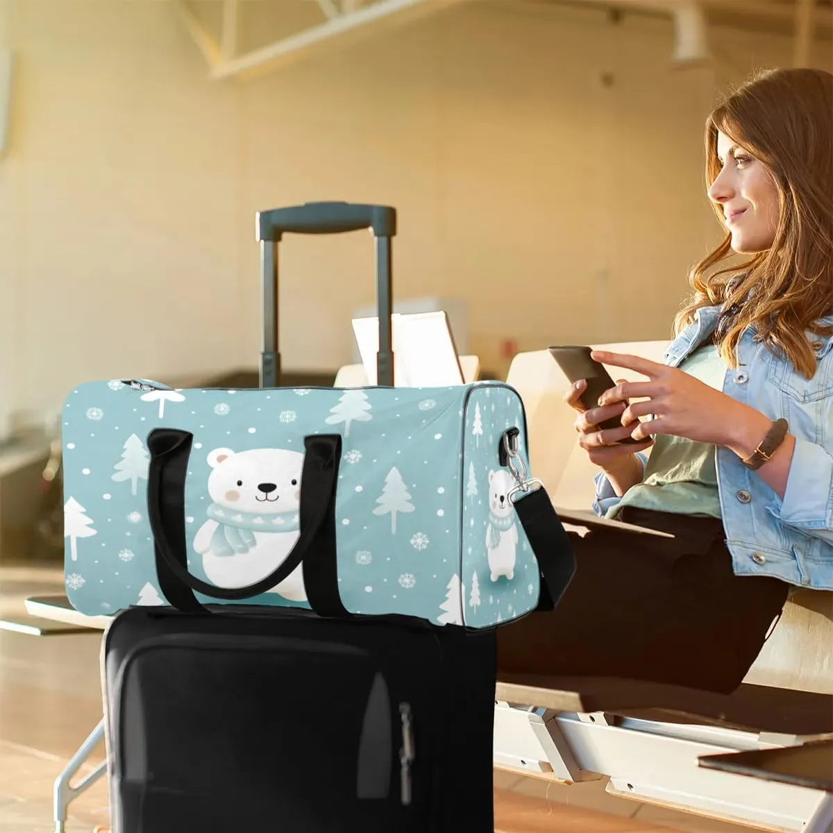 Cartoon Bear Travel Duffel Bag for Women Men Waterproof Foldable Overnight Weekender Bag Large Capacity Sports Gym Bag
