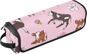 Cartoon Calf Cow Flowers Hair Tools Travel Bag with Heat Resistant Mat Curling Iron Flat Iron Carrying Case for Women