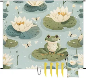 Cartoon Frog Lotus Beach Blanket, Sandproof Beach Mat, 68 x 59 Waterproof Quick Drying Sand Free Mat with 4 x Ground Spikes for Outdoor Travel Camping Hiking, Funny Frog