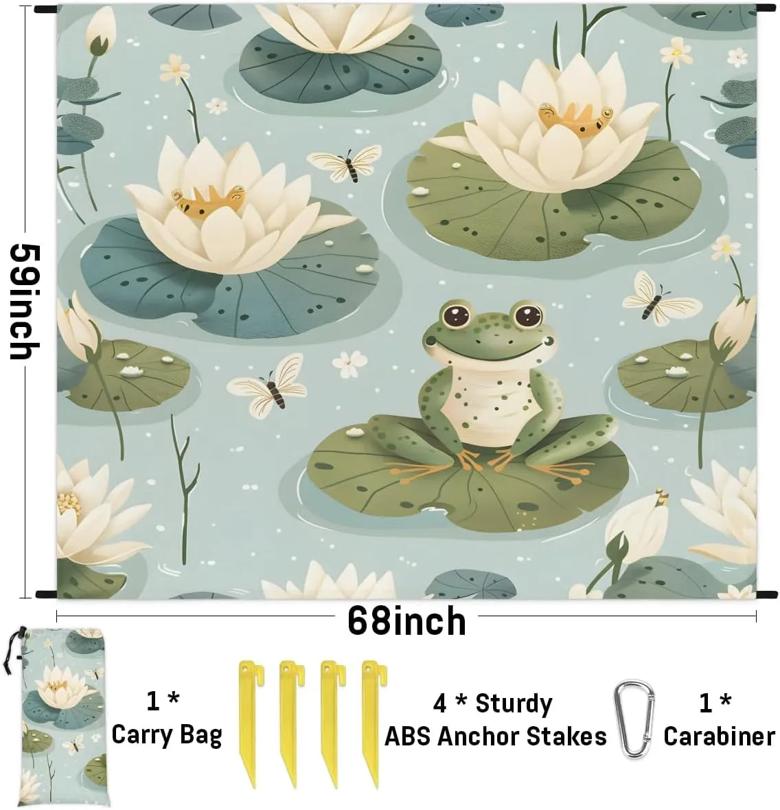 Cartoon Frog Lotus Beach Blanket, Sandproof Beach Mat, 68 x 59 Waterproof Quick Drying Sand Free Mat with 4 x Ground Spikes for Outdoor Travel Camping Hiking, Funny Frog