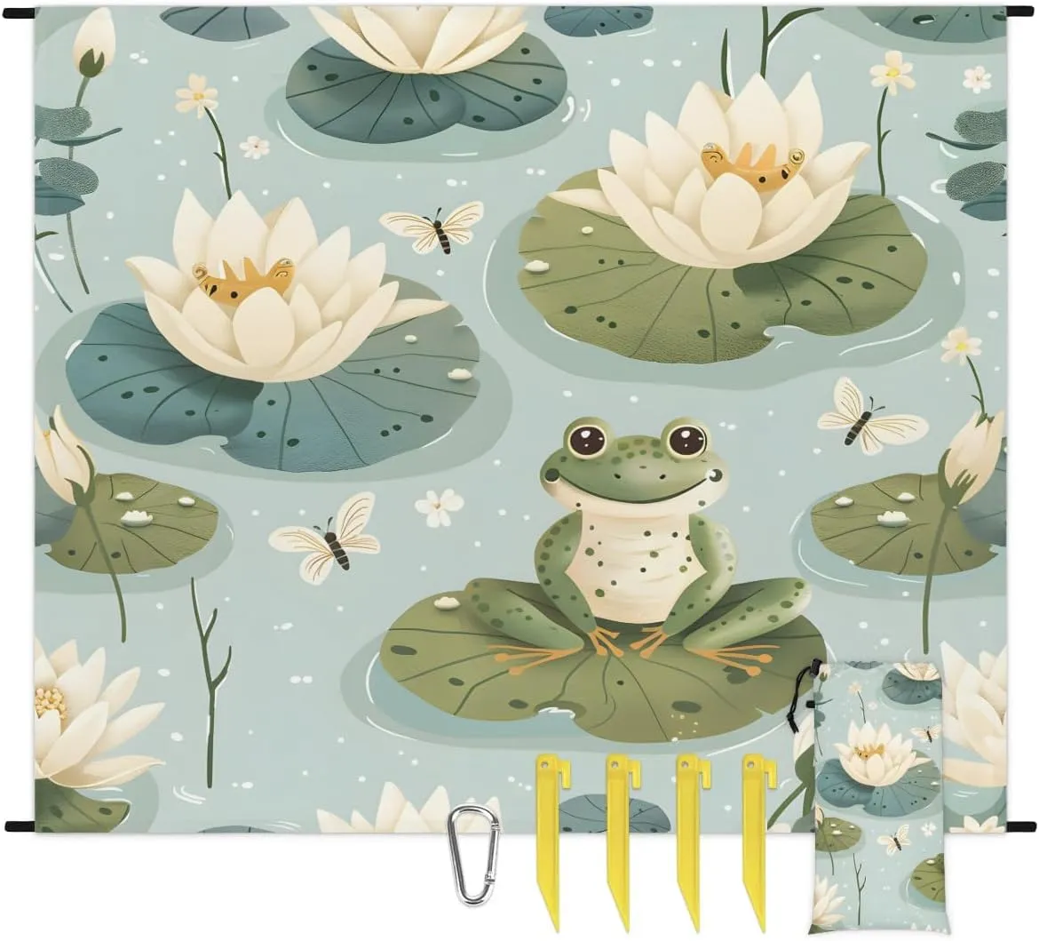 Cartoon Frog Lotus Beach Blanket, Sandproof Beach Mat, 68 x 59 Waterproof Quick Drying Sand Free Mat with 4 x Ground Spikes for Outdoor Travel Camping Hiking, Funny Frog