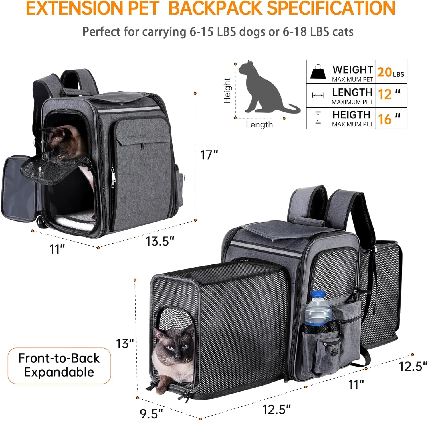 Cat Backpack Carrier,Double Side Expandable Cat Carrier Backpack,Dog Carrier Backpack for Medium Cats and Small Dogs,Puppies Up to 20 Lbs,Pets Carrier Backpack with Breathable Mesh(Grey)