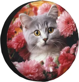 Cat in Flowers Tire Cover Outdoor Waterproof Snow Sun Rain Wheel Cover Portable Wheel Bags Camper Spare Tire Cover Universal Car Tire Protectors for Trailer RV SUV