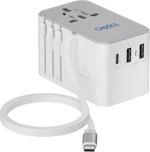 Ceptics 5 in 1 International Travel Adapter with PD 45W Retractable USB-C Cable 65cm, 2X USB-A 2.4A, 1x USB-C 3A, Travel Adapter Worldwide for Laptop, Phones and Cameras for US, EU, UK, UP-45WC-WH