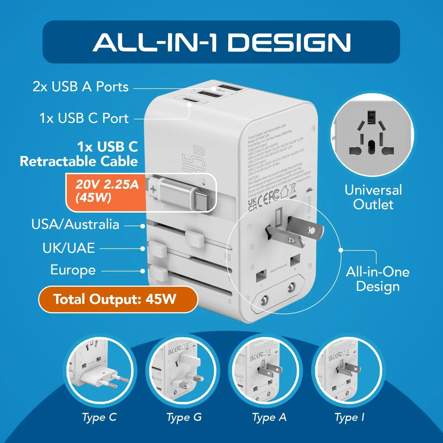 Ceptics 5 in 1 International Travel Adapter with PD 45W Retractable USB-C Cable 65cm, 2X USB-A 2.4A, 1x USB-C 3A, Travel Adapter Worldwide for Laptop, Phones and Cameras for US, EU, UK, UP-45WC-WH