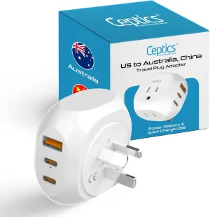 Ceptics Australia, China Travel Adapter - 5 Input with 20W PD-QC 3.1A Dual USB-C and USB - Ultra Compact - Light Weight - USA to Any Type I Countries Such as New Zealand, Argentina and More