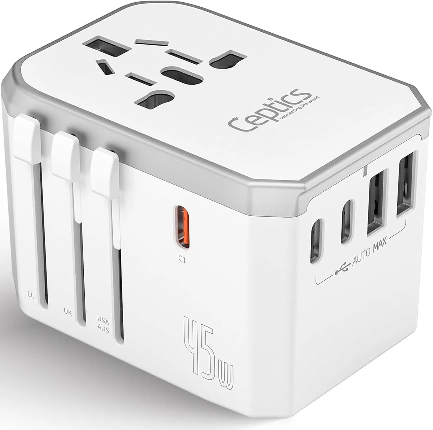 Ceptics Universal Travel Adapter w/ 2X USB-A and 3X USB-C, 6 in 1 Travel Adapter 45W for Global use, International Adapter for Mobile, Laptops, All in one Adapter for US, EU, UK & More, UP-45W-WH