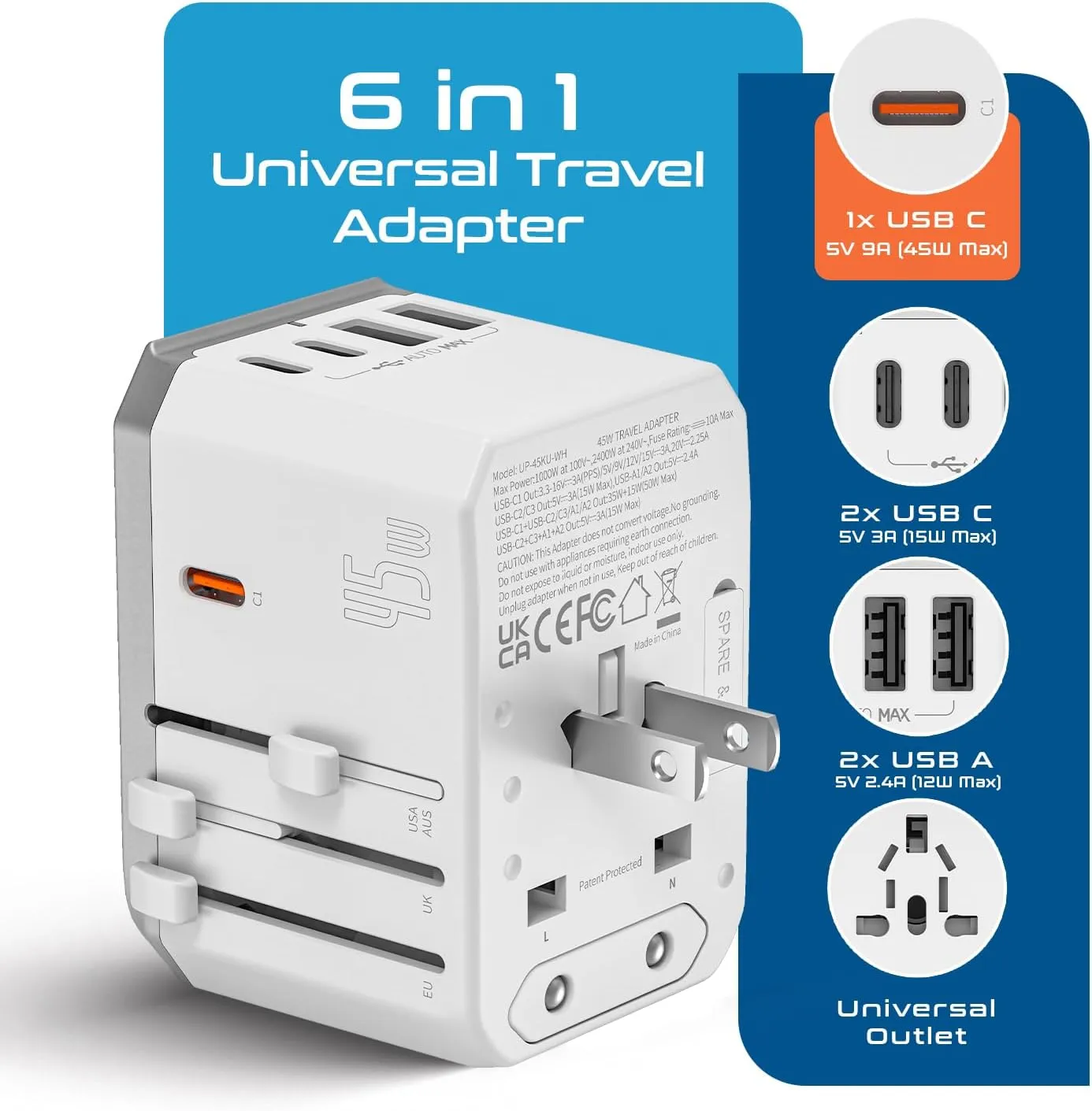 Ceptics Universal Travel Adapter w/ 2X USB-A and 3X USB-C, 6 in 1 Travel Adapter 45W for Global use, International Adapter for Mobile, Laptops, All in one Adapter for US, EU, UK & More, UP-45W-WH