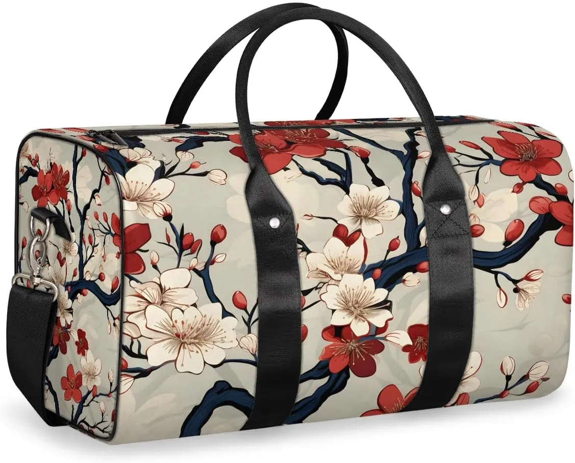Cherry Branch Travel Duffel Bag for Women Men Waterproof Foldable Overnight Weekender Bag Large Capacity Sports Gym Bag