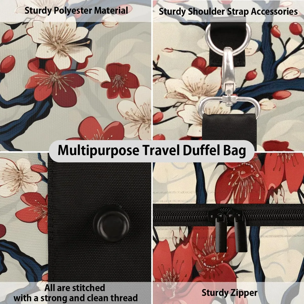 Cherry Branch Travel Duffel Bag for Women Men Waterproof Foldable Overnight Weekender Bag Large Capacity Sports Gym Bag