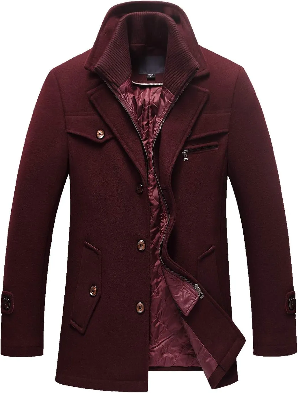 chouyatou Men's Gentle Layered Collar Single Breasted Quilted Lined Wool Blend Pea Coats