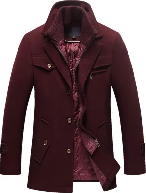 chouyatou Men's Gentle Layered Collar Single Breasted Quilted Lined Wool Blend Pea Coats