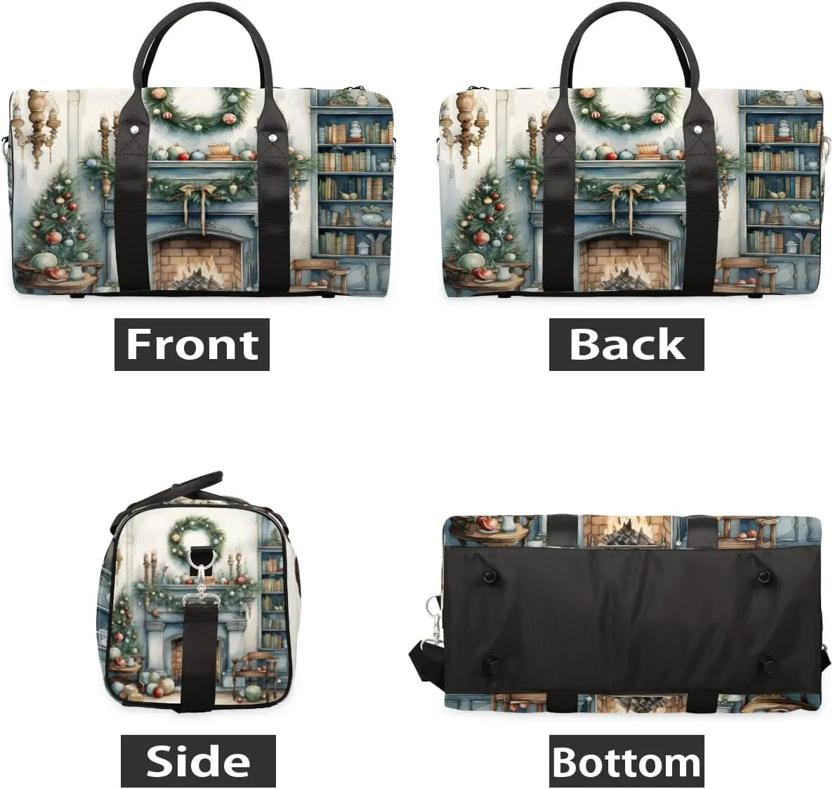 Christmas Fireplace Travel Duffel Bag for Women Men Waterproof Foldable Overnight Weekender Bag Large Capacity Sports Gym Bag