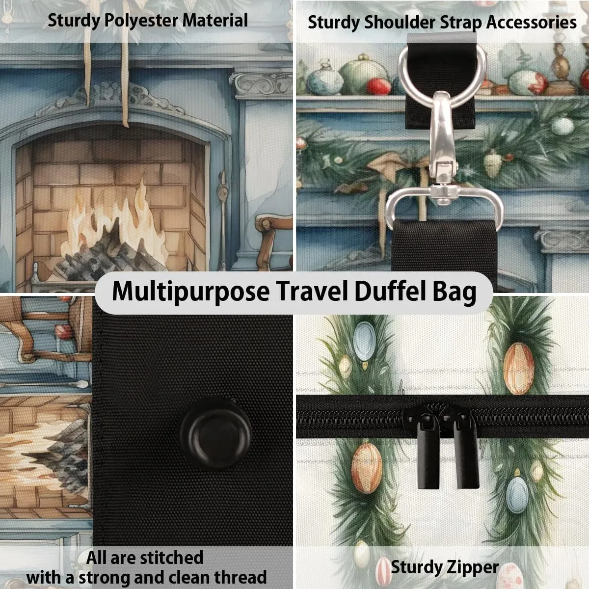 Christmas Fireplace Travel Duffel Bag for Women Men Waterproof Foldable Overnight Weekender Bag Large Capacity Sports Gym Bag